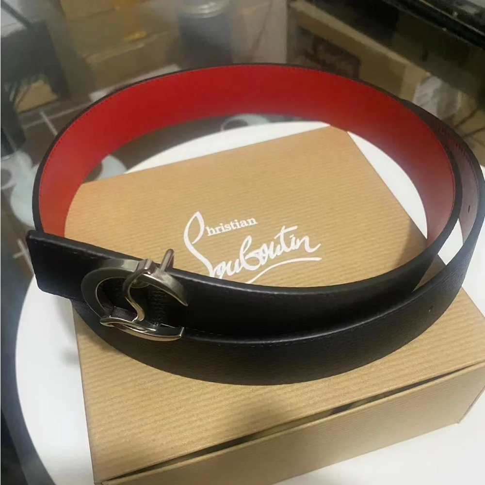 Christian Louboutin CL Buckle Reversible Leather Belt Black Red 34in